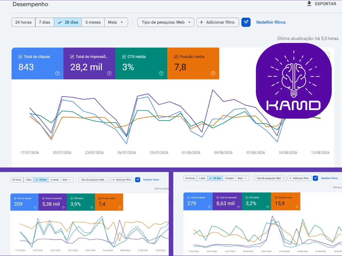 Painel de posicionamento e resultados de SEO KAMD