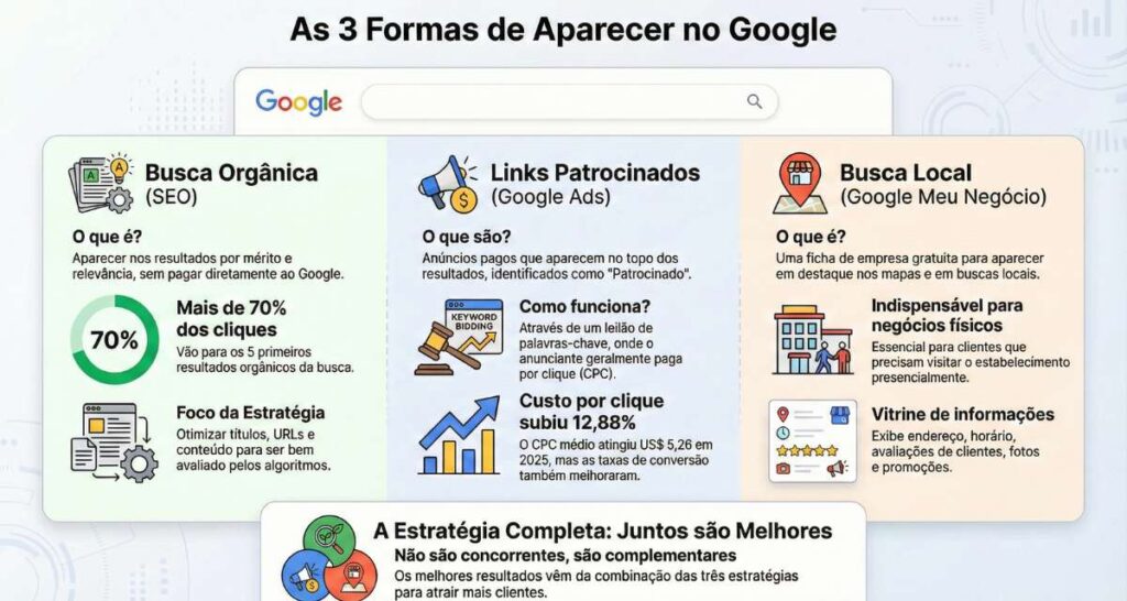 Ilustração de um funil de vendas digital destacando a diferença entre palavras-chave de interesse versus palavras-chave de intenção de compra focadas em conversão.