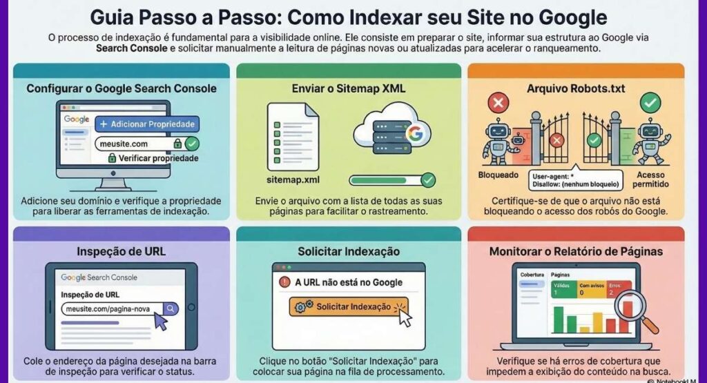 Infográfico mostrando o processo de rastreamento, indexação e classificação de um site no robô do Google.