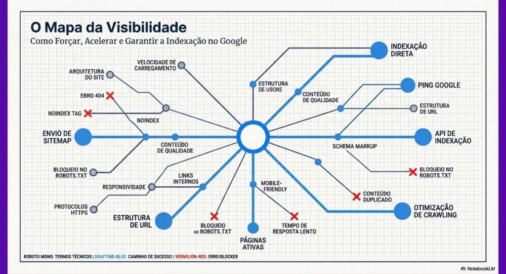 Infográfico mostrando o processo de rastreamento, indexação e classificação de um site no robô do Google.