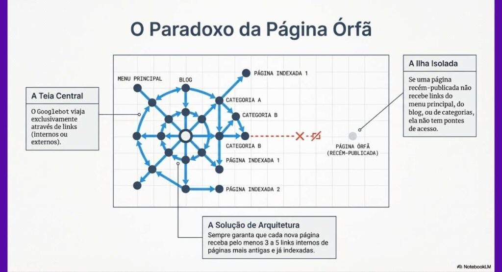 Infográfico mostrando o processo de rastreamento, indexação e classificação de um site no robô do Google.