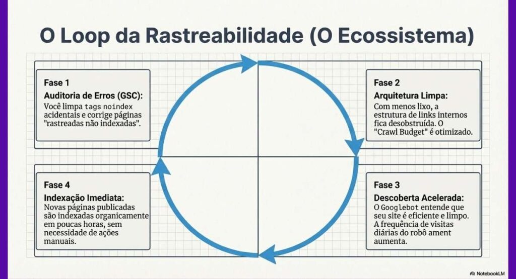 Infográfico mostrando o processo de rastreamento, indexação e classificação de um site no robô do Google.